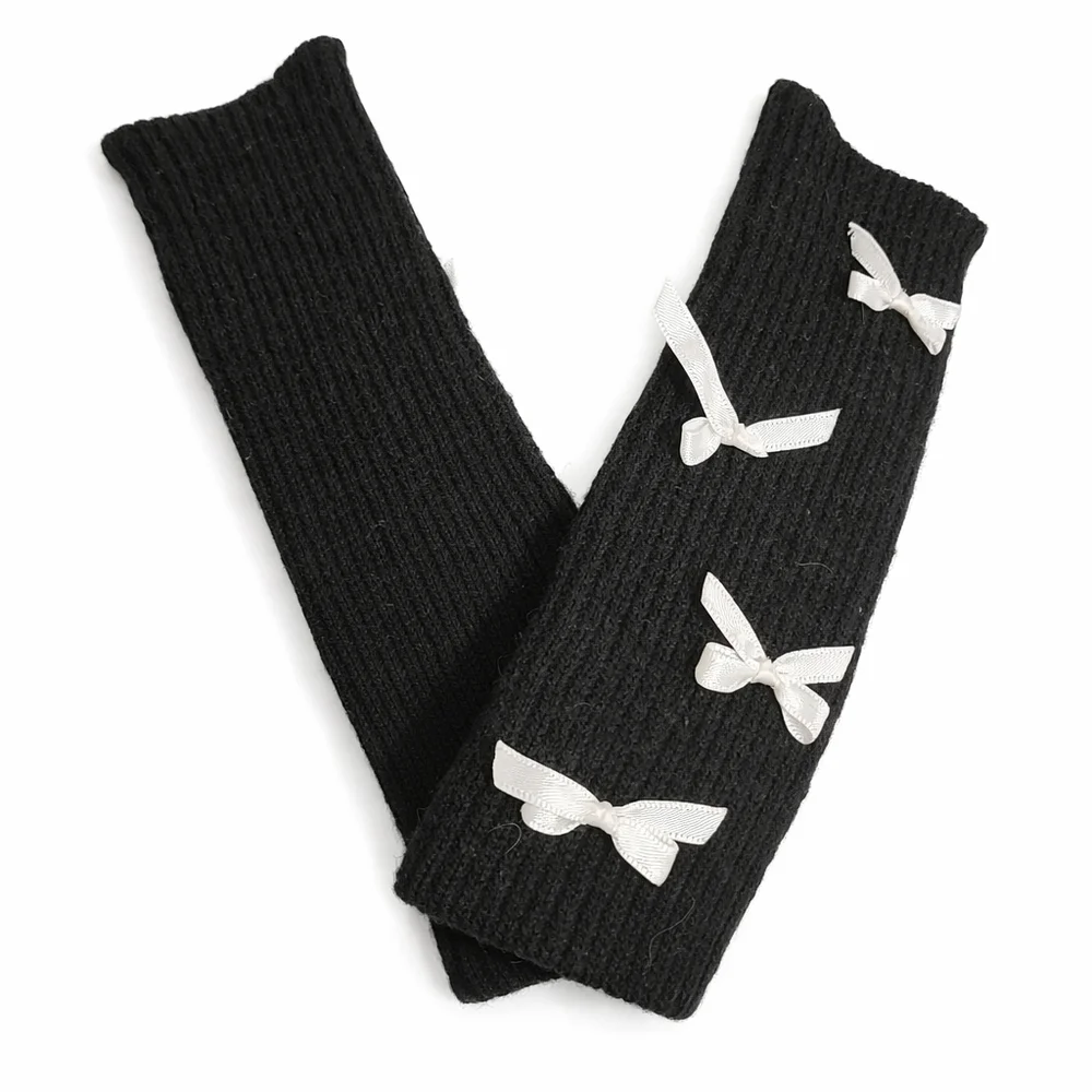 Jan - Black Fingerless Gloves with Bow Detail | Knit Arm Warmers Coquette Style